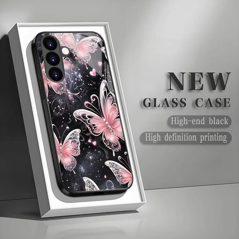 Pink butterfly tempered glass phone case suitable for Samsung Galaxy S26 S25 S24 S23 S22 S20 FE/Ultra/Plus anti drop back cover