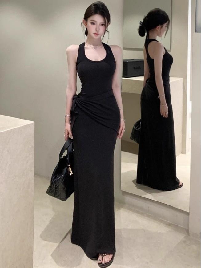 Women s Summer Slim-Fit Black U-Neck Racerback Tank Dress Large
