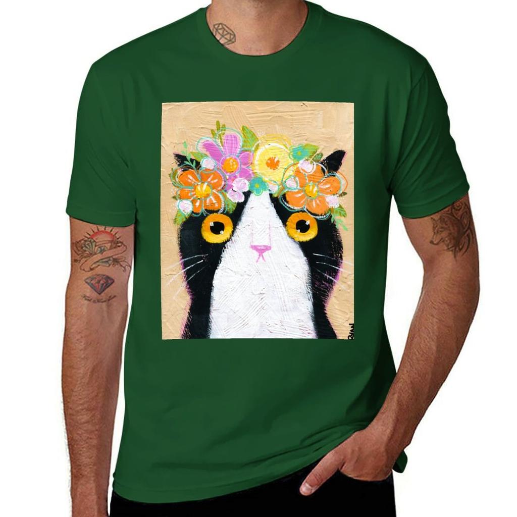 Kittys Flower Crown TShirt Aesthetic Clothes Customs for a Boy Black Tshirts for Men