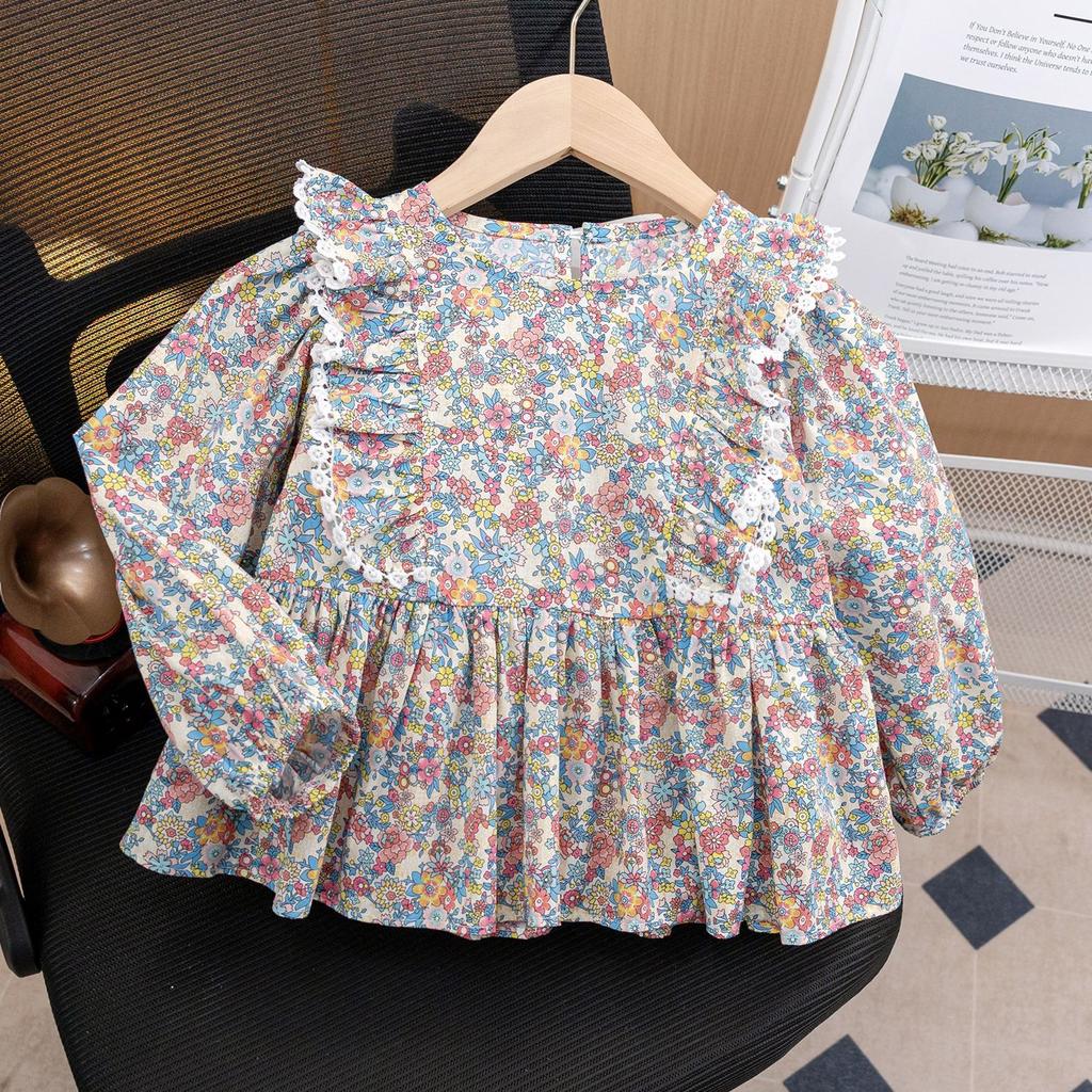 Girls Floral Shirt Two Piece Set Spring Autumn Baby Fashionable Long Sleeve Blouse Outfit Stylish Kids Clothes
