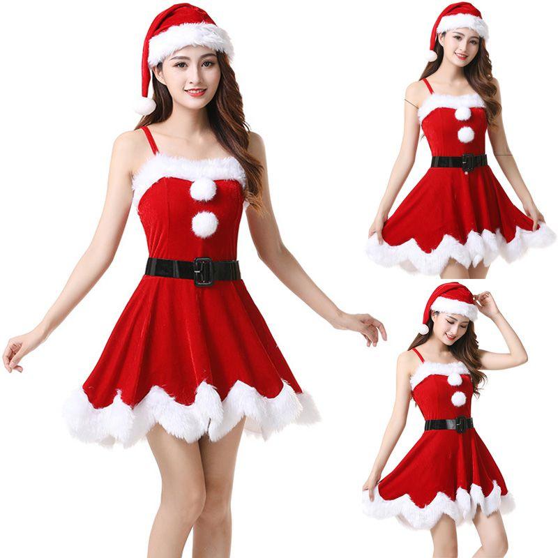 Red Velvet Women Christmas Costume With Soft Touch Santa Claus Dress And Hat