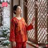 Roter Damen-Schlafanzug mit Neun-Viertel-Ärmeln, Reine Baumwollgaze, Chinesischer Stil, Vielseitig für Frühling/Sommer, Für drinnen/draußen