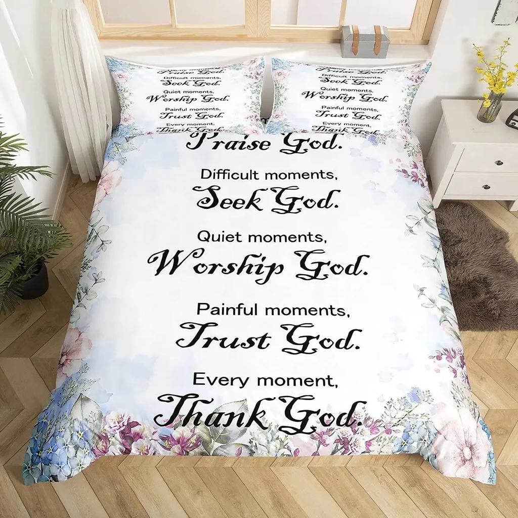 Christian Healing Duvet Cover Set with Inspirational Thoughts and Prayers Women Bedding Sets Colorful Sky Bedspreads Cover Queen