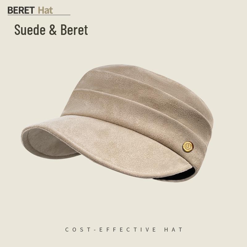 Women's Ruched Suede Flat Top Equestrian Hat - Warm Autumn/Winter Newsboy Cap with Face-Slimming Duckbill Design