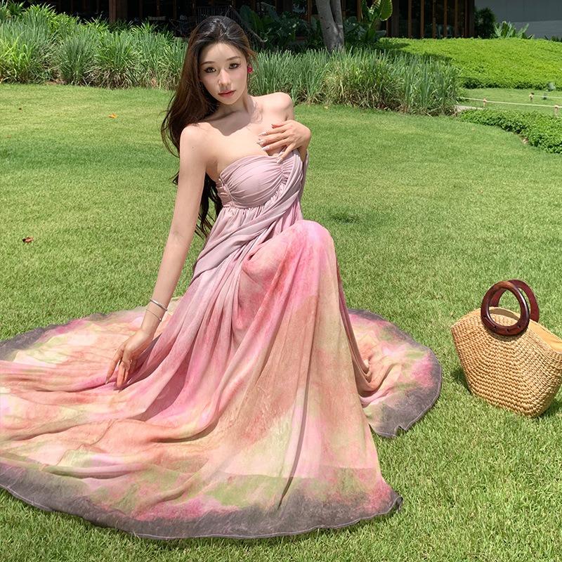 Beauty God Descends French Sense Retro Oil Painting Smudge Tube Top Dress Vacation Long Dress Temperament Fairy Dress