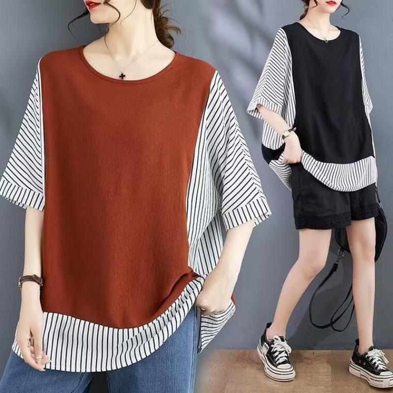 Minimalist Summer Polo Neck Women's Cotton Hemp Striped Patchwork Fashion Casual Short Sleeve Loose Fake Two Pieces T-Shirts Top