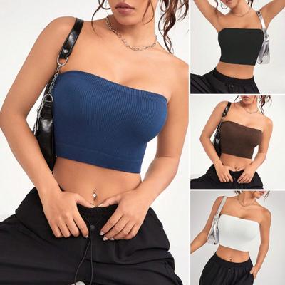 Women Ribbed Vest High Elasticity Anti-slip Bandeau Strapless Sleeveless Backless Tank Top Sweat Absorption Quick-drying Cropped Top