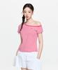 Emelbi Women'S Varsity Striped Off-Shoulder Slim Semi-Crop Short Sleeve T-Shirt Phi (Neon Red)