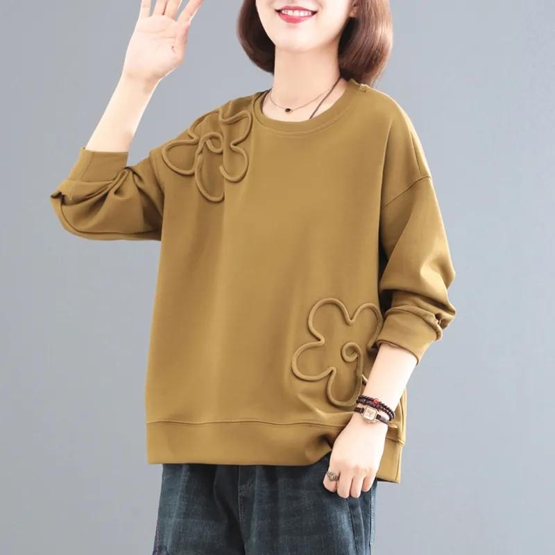 Women's Spring and Autumn Large Size Cotton Sweatshirt Solid Color Round Neck Loose Pullover Top