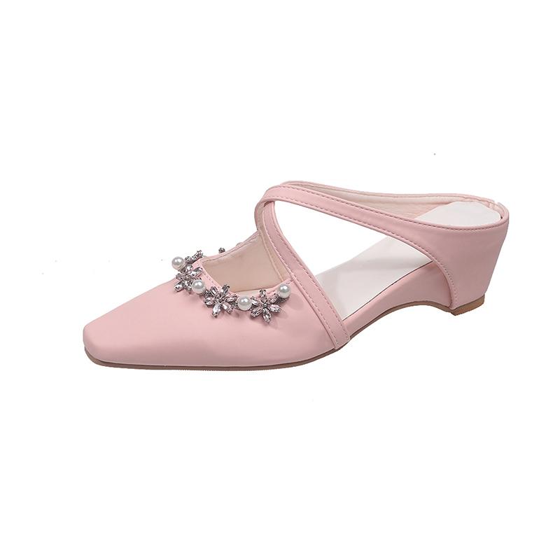 Fashion Flat Inside Heightener Slippers Autumn New Square Toe Shallow Slip Rhinestone Buckle Cross Strap Hollow-out Wrapped Shoes