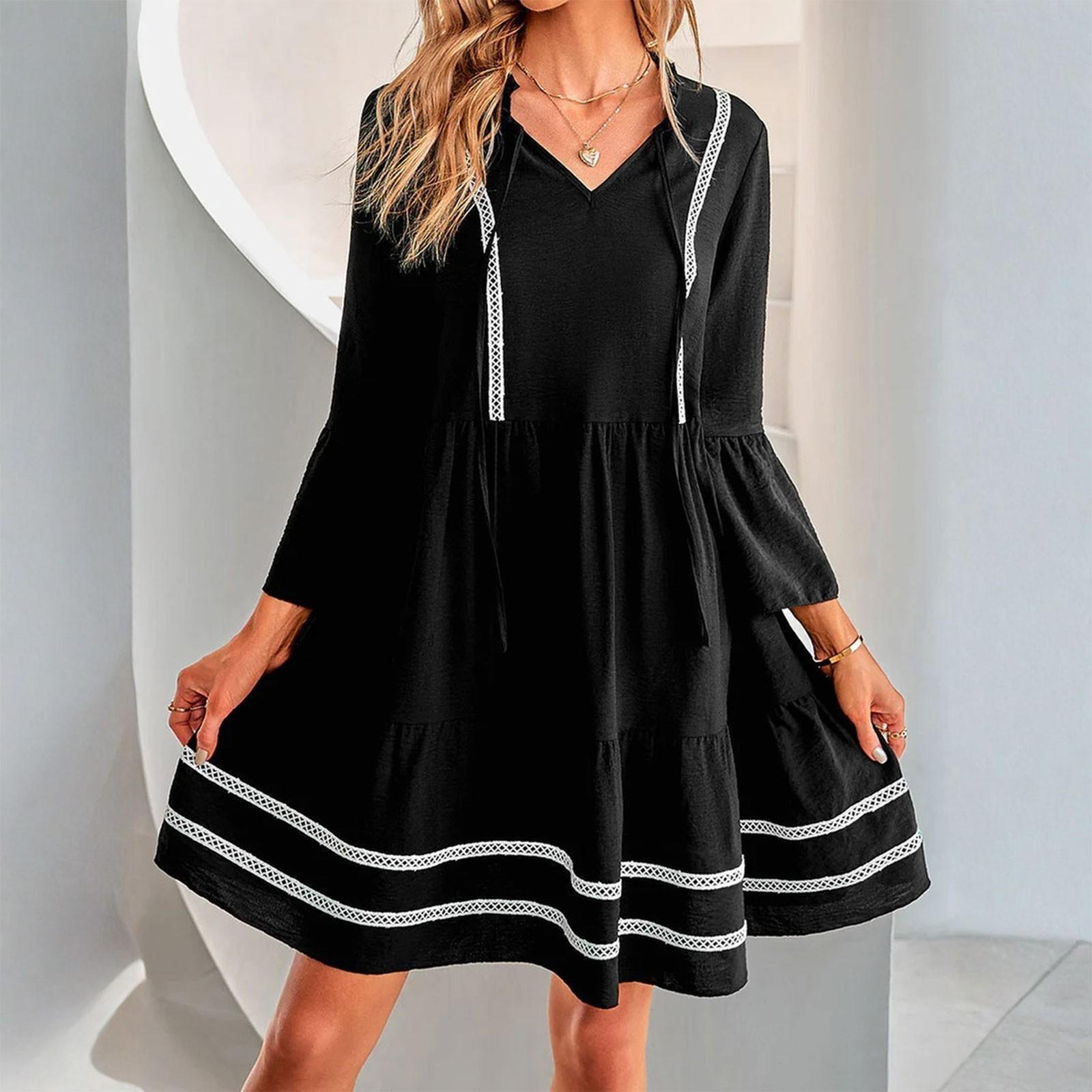 

Женское повседневное летнее платье с рукавами три четверти, V-образным вырезом, оборками, капюшоном, кружевное, летящее, пляжное M чёрный