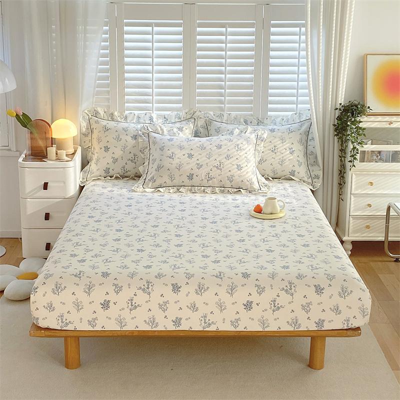 Bonenjoy 1 Pc 100%Cotton Fitted Sheet Floral Flower Printed Bed Cover With Elastaic Queen/King Size Bed Fitted Sheet 180X200Cm
