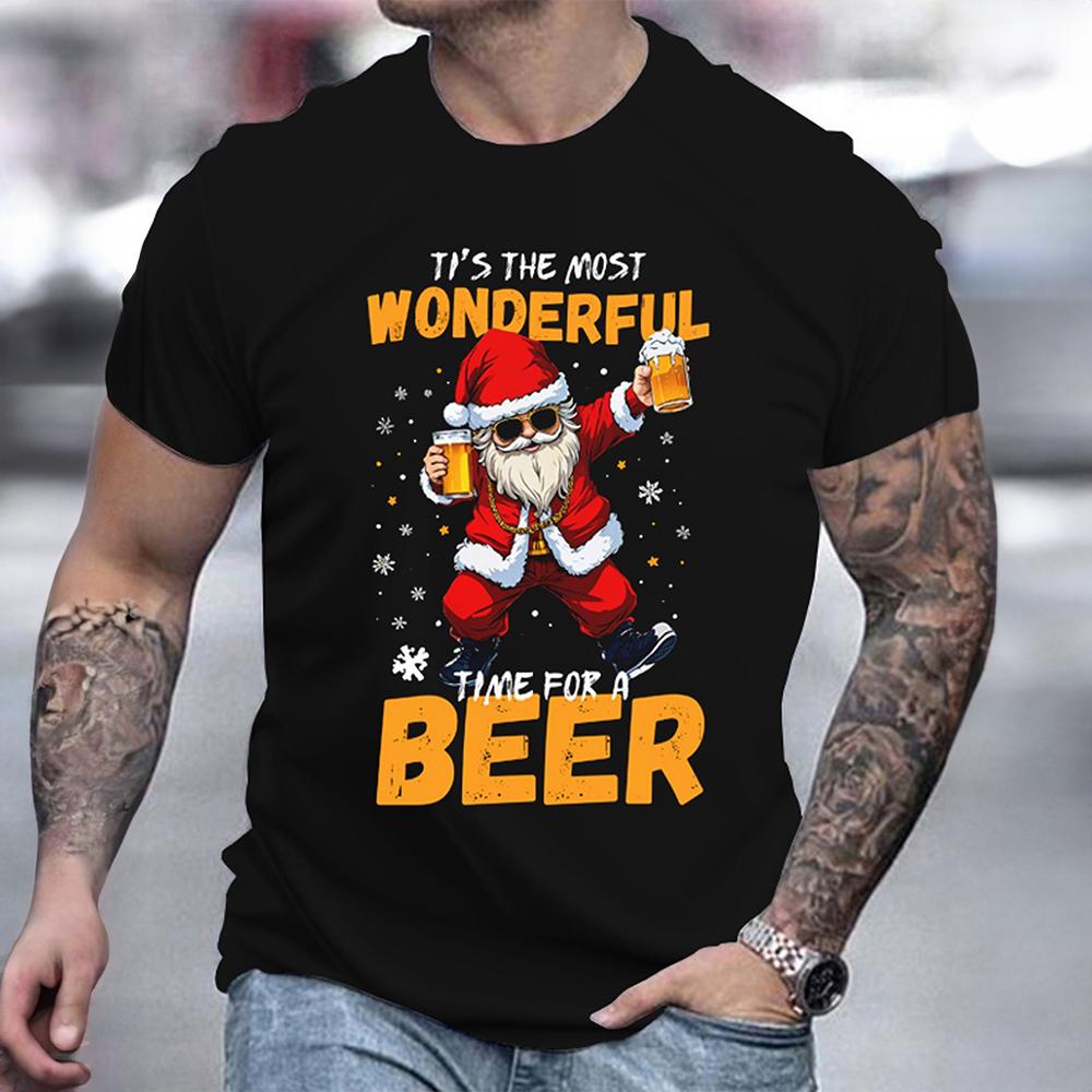Christmas Men T-shirt 3D Print Beer Santa Claus Pattern Printing T Shirt for Man Hip-hop T-shirt New Year Gift Graphic T Shirt
