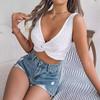QICED Spring Summer Solid-color Knotted Crop Top for Vacation Women's Wear