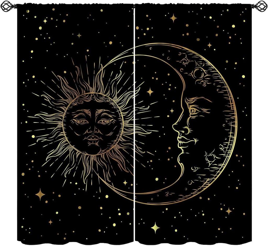 Sun Moon Curtains Bohemian Celestial Art Printed Blackout Window Drapes for Bedroom Living Room Kitchen Decor Fabric Set 2 Panel