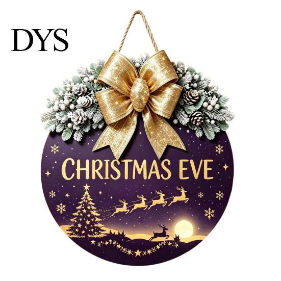 Winter Atmosphere Decor Christmas Wooden Welcome Sign for Front Door, Round Hanging Ornament with Santa Claus Snowman Art Artificial Pine Branches