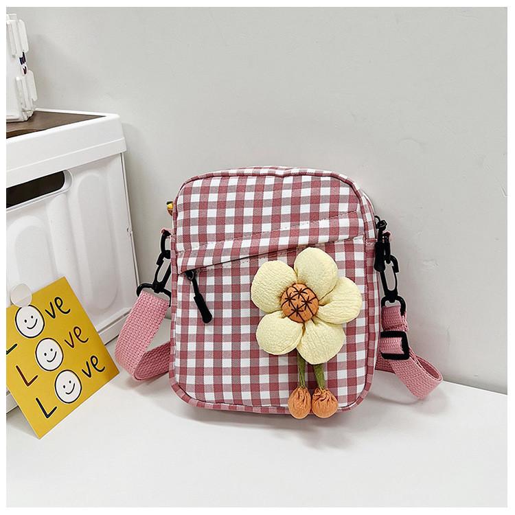 Adorable 2022 Korean Style Checked Canvas Shoulder Bag For Girls With Floral Accents And Medium Size