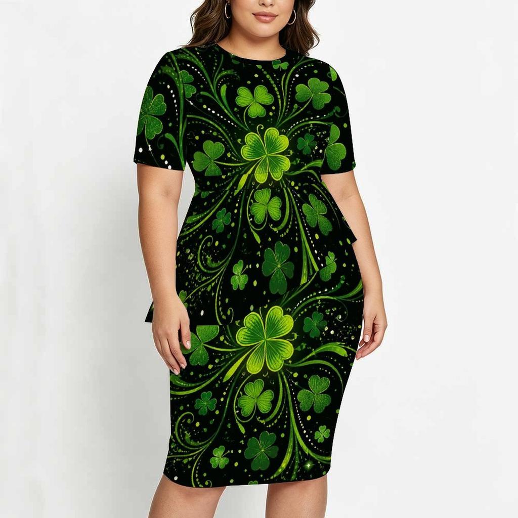 Women Plus Size Dark Green Shamrock Printed Round Neck Short Sleeve Asymmetric Top And Fitted Skirt Two Piece Set