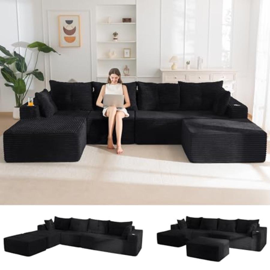 132 Giant U-Shaped Modular Sectional Couch for Living Room Sofa In A Box Oversized Sofa Sleeper with Deep Seat No Assembly Requ