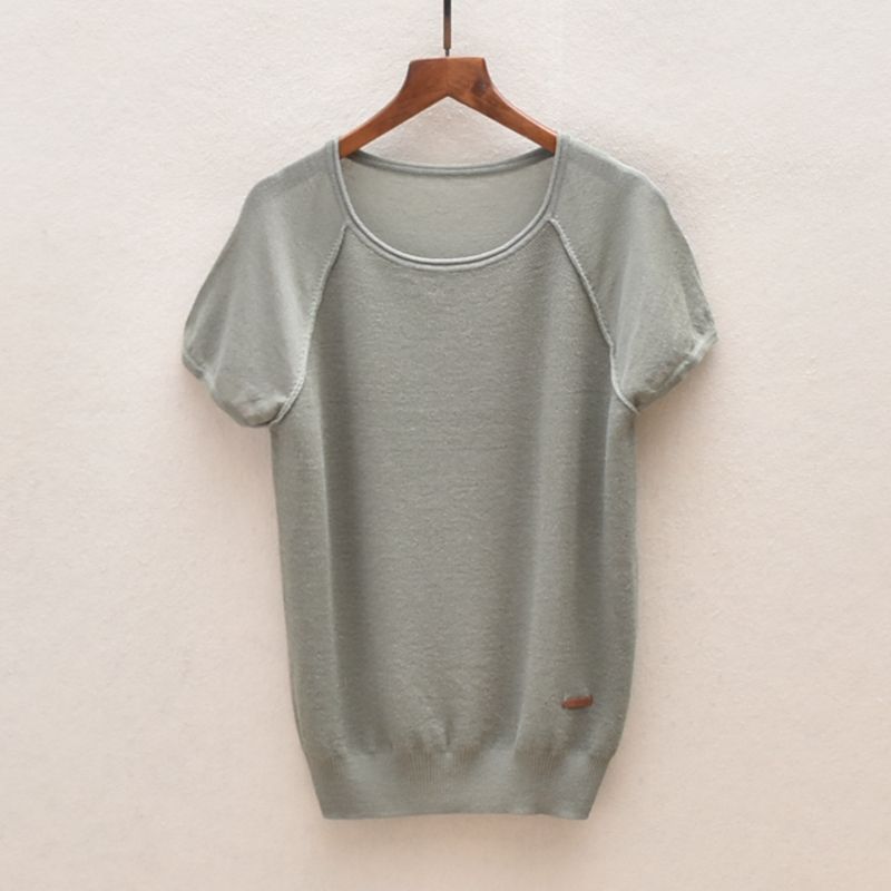 

Summer Thin Solid Plus size women clothing Pullover round Neck Short sleeve Top All-Matching Knit Light army green Bust size 96-98cm