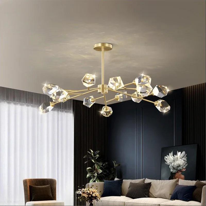 Nordic All-copper Molecular Long Crystal Chandelier Light Luxury Creative Post-modern Atmosphere Living Room LED Pendant Lights
