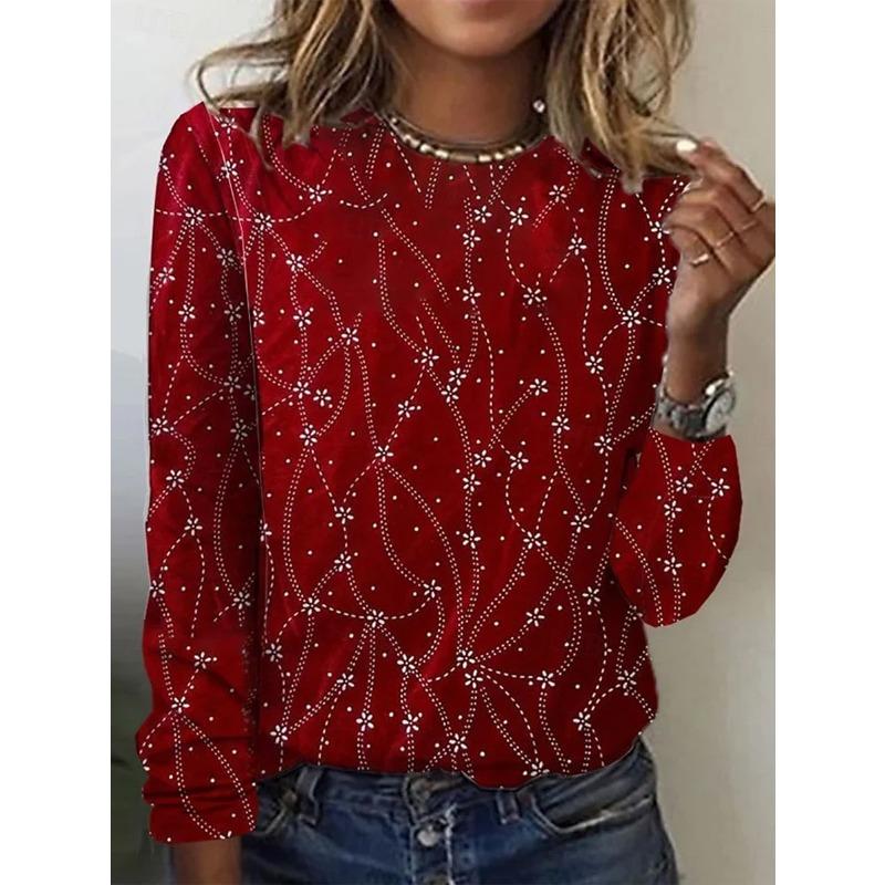 Ladies' Elegant Floral Printed T-shirt - Comfortable Round Neck Long Sleeve Top