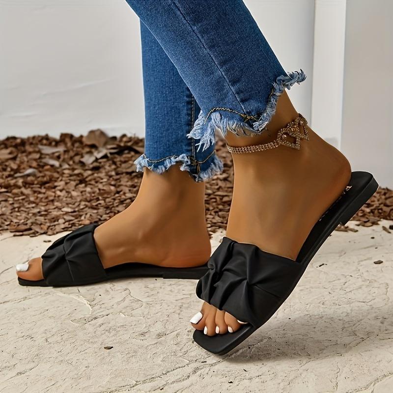 Women's Pleated Design Slippers Sandals Casual Square Open-toed Flat Summer Shoes Lightweight Slippers