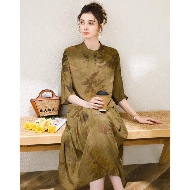 TUHUANG Women s Mulberry Silk Blend Chinese Style Printed Midi Dress M