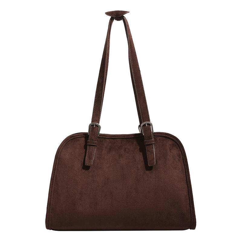 Vegetable-tanned suede bowling bag, vintage suede shoulder tote bag, large-capacity commuter handbag, crossbody bag for women