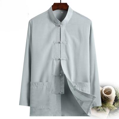 Chinese Style Spring Tang Suit Men's Long-sleeved Chinese Thin Linen Shirt Men's Dad Cotton and Linen Top