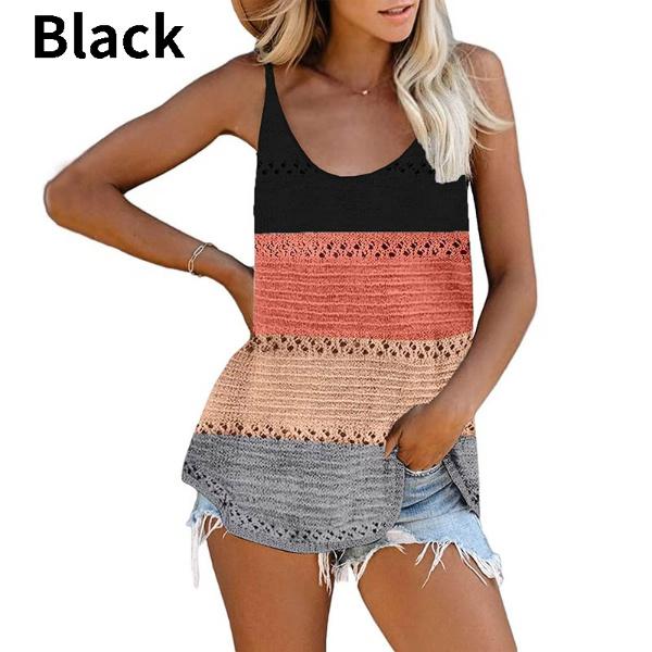 Fashion Women Summer O-Neck Knited Tank Tops Casual Loose Sleeveless Cami Color Block Blouse Shirts Beach Vest Tank Tops Plus Size