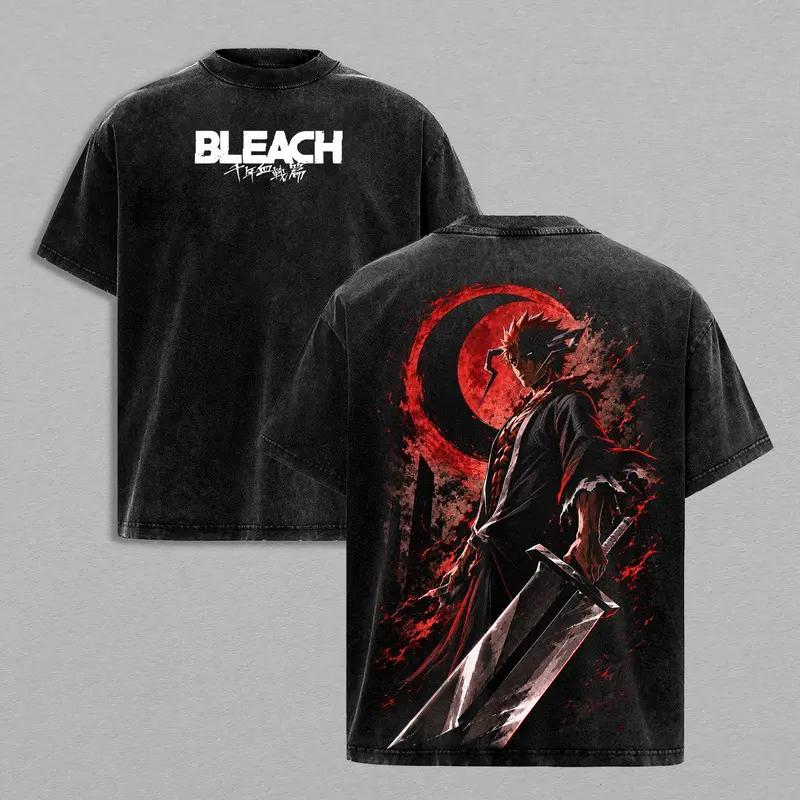 Kurosaki Ichigo BLEACH Anime Kleidung Herren Damen Oversize T-Shirts Kurzarm Gewaschenes T-Shirt Vintage Baumwolle Lässig Streetwear