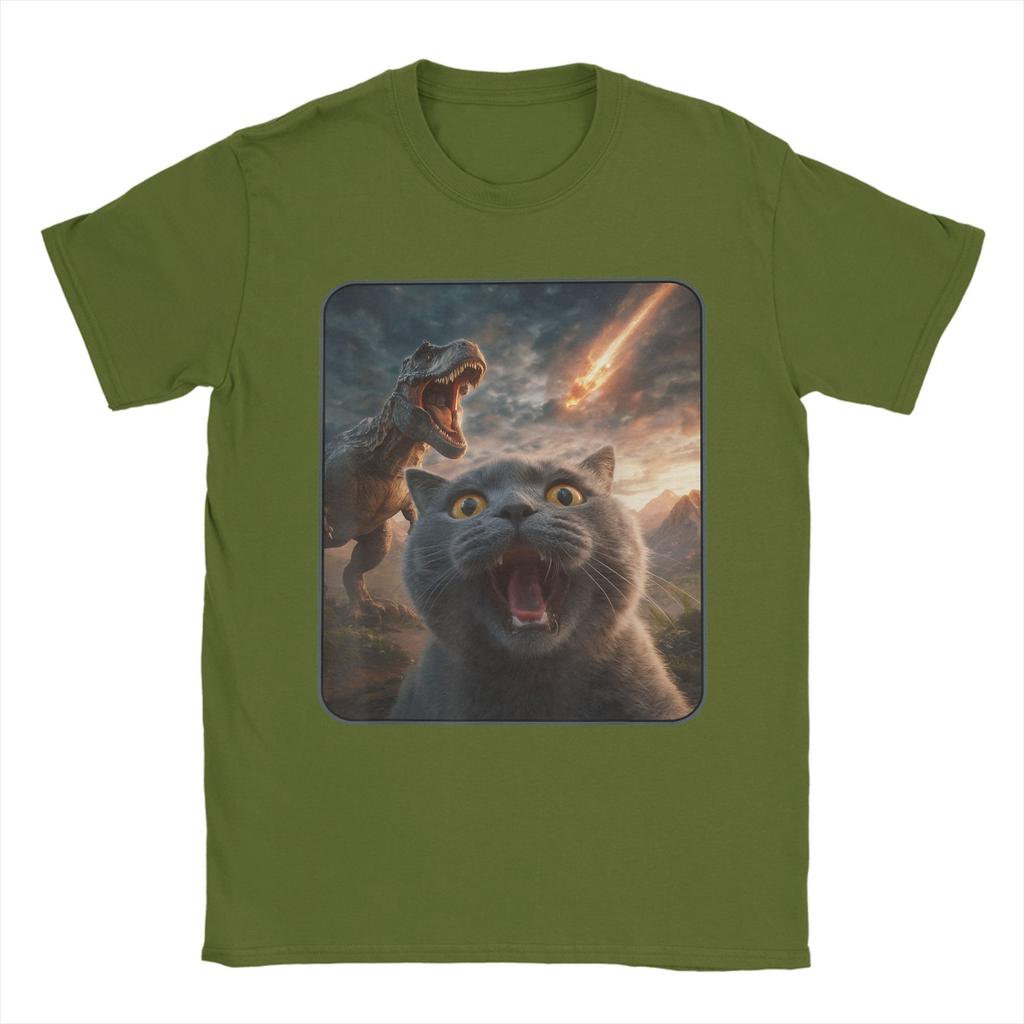 Vintage T-Shirt Cat with T-Rex Dinosaur Funny Cat T Rex Shirt Meme T-Shirts  Novelty Tee Shirt for Summer Short Sleeve Clothing