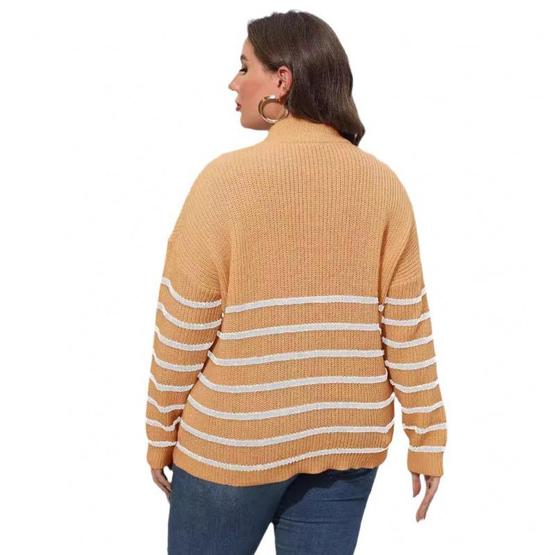 Women's Pullover Sweater Plus Size Women's Clothing Striped Patchwork Half Turtleneck Zipper Heart Knitted Sweater
