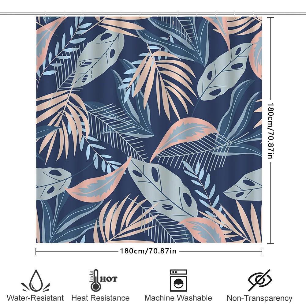 Modern Tropical Blue Pink Feather Shower Curtain for Bathroom Decor Navy Floral Pattern Waterproof Fabric Size180x245cm (70x96