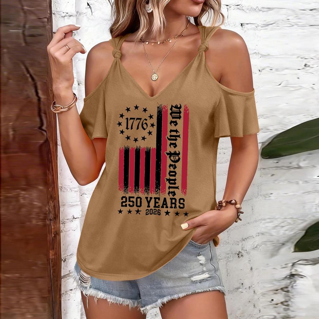 T-shirt Femme Décolleté Bardot Bretelles à Nouer Manches Courtes Décontracté avec Graphique Impression Drapeau 1776 Jour de l'Indépendance Haut 250 Ans 2026