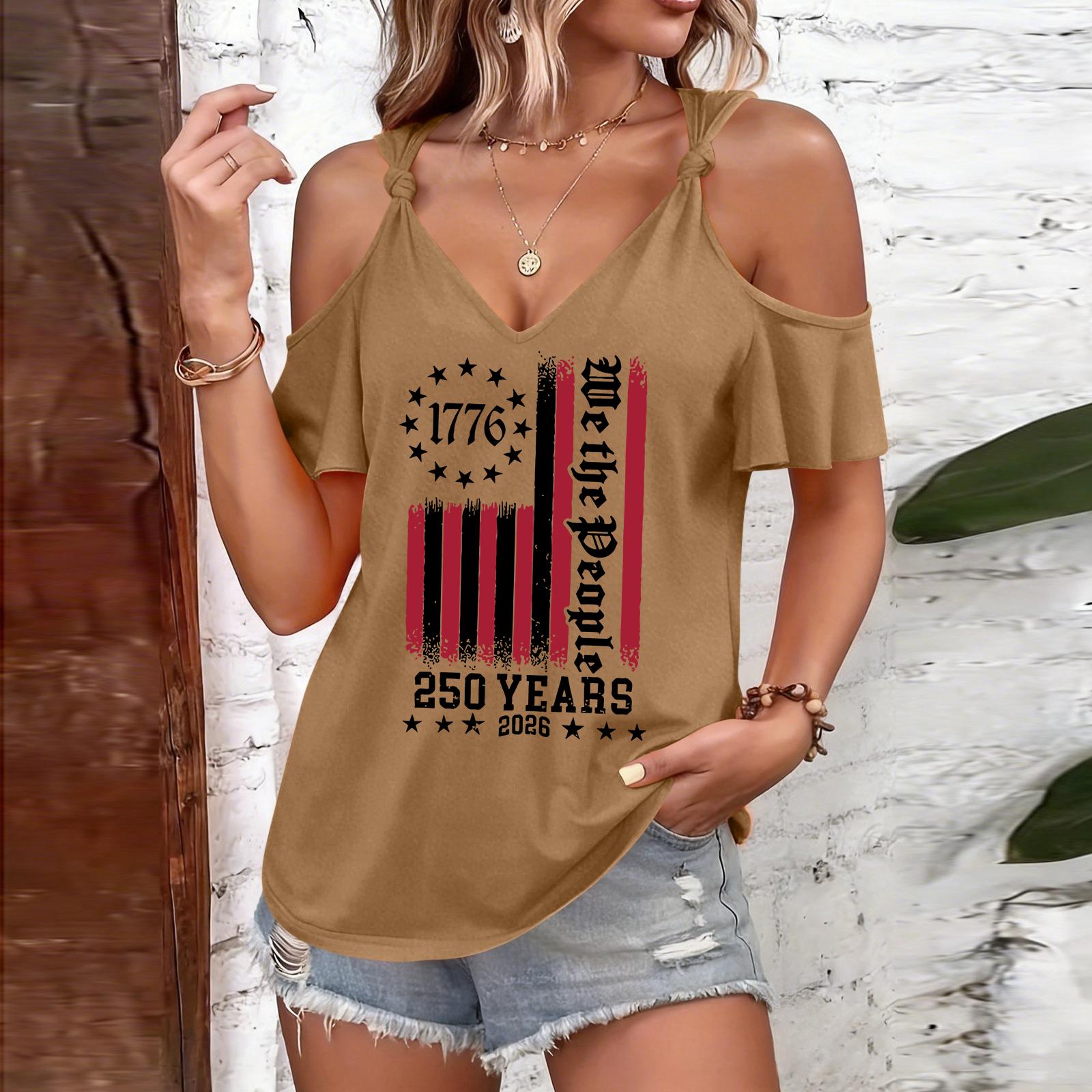 Women s Casual Fashion Independence Day Printed Strappy Neck Off-Shoulder Short-Sleeve T-Shirt XXL