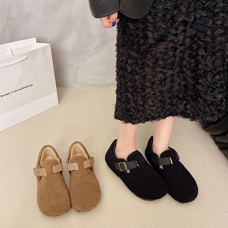 Winter retro belt buckle fluffy shoes women's velvet warm cotton shoes flat casual lazy shoes