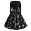 Christmas Print Flare Dress For Women Long Sleeve Dress Hollow Party Casual Dresses