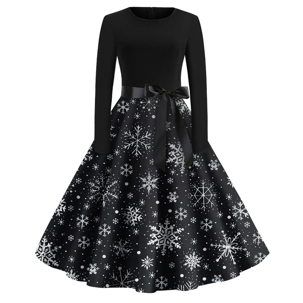 Christmas Print Flare Dress For Women Long Sleeve Dress Hollow Party Casual Dresses