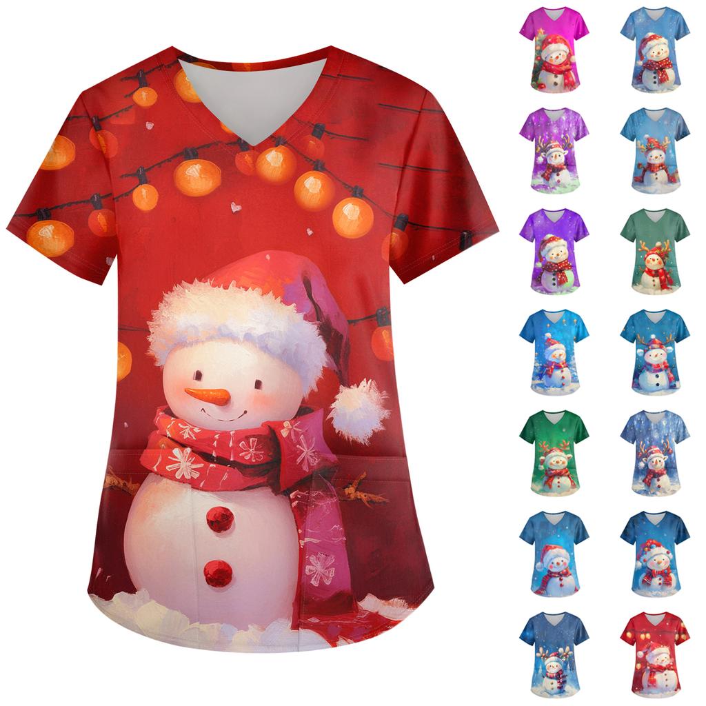 Ladies' Christmas Printed Fashionable V-neck Pocket Short Sleeved Uniform And Caregiver Top