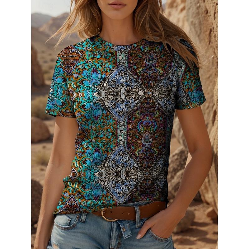 Retro Floral Print Damen T-Shirt Sommer Locker Lässig Kurzarm Tees Oberteile Kleidung Mehrere Stile und Größen zur Auswahl