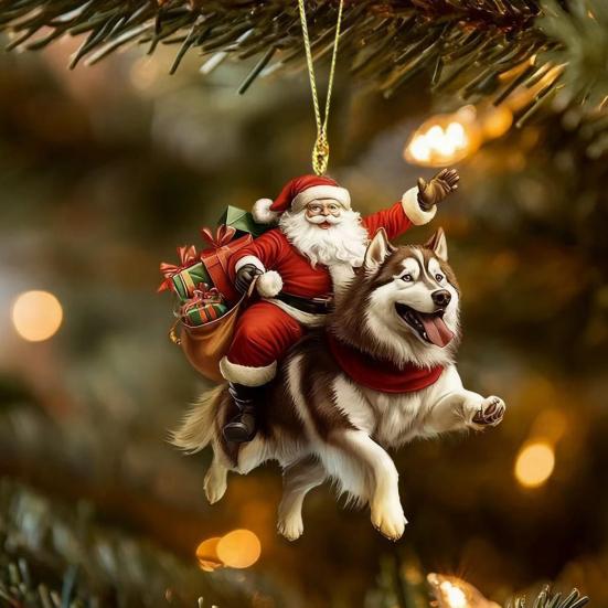 Santa Claus Dog Christmas Ornaments Funny Santa Claus Riding Puppy Ornaments 2D