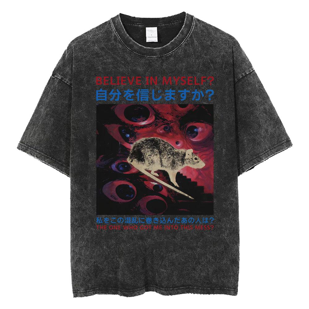 Believe in Myself Rat Vintage Style Washed T-shirts Japanese Surreal Horror Graphic T Shirt Men Women Summer Tops O-Neck T-shirt S