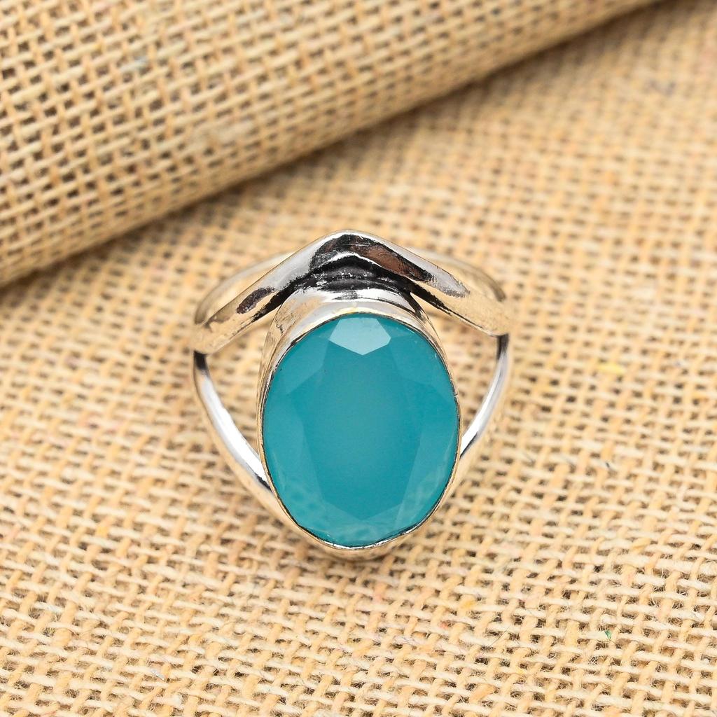 Blue Chalcedony Gemstone 925 Sterling Silver Handmade Ring Jewelry Beauteous Gift For Her