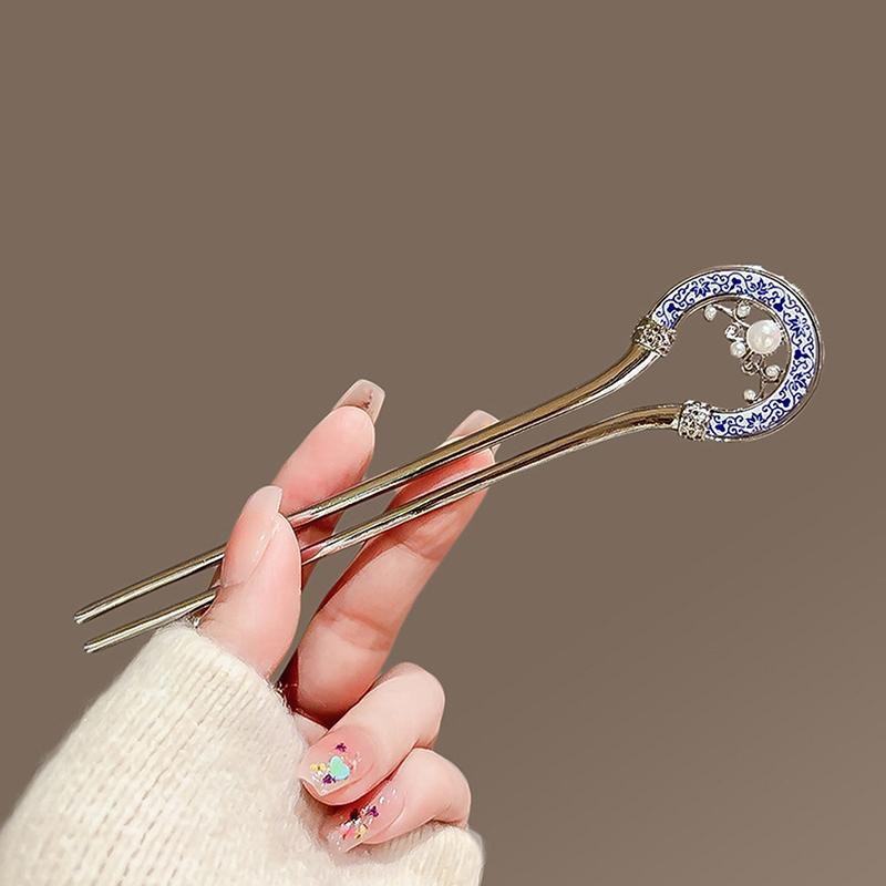 Perlová U-spona do vlasů Retro Modrobílá porcelánová U-spona do vlasů Hanfu Vlasové doplňky