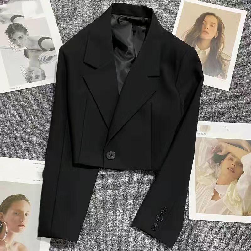Black Cropped Blazers Woman Trend All-match Notched Collar Crop Jacket Women Korean Chic Single Button Suit Coat
