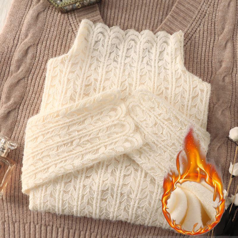 Brushed Lace High-Neck Mesh Top for Women - Trendy Autumn/Winter Layer