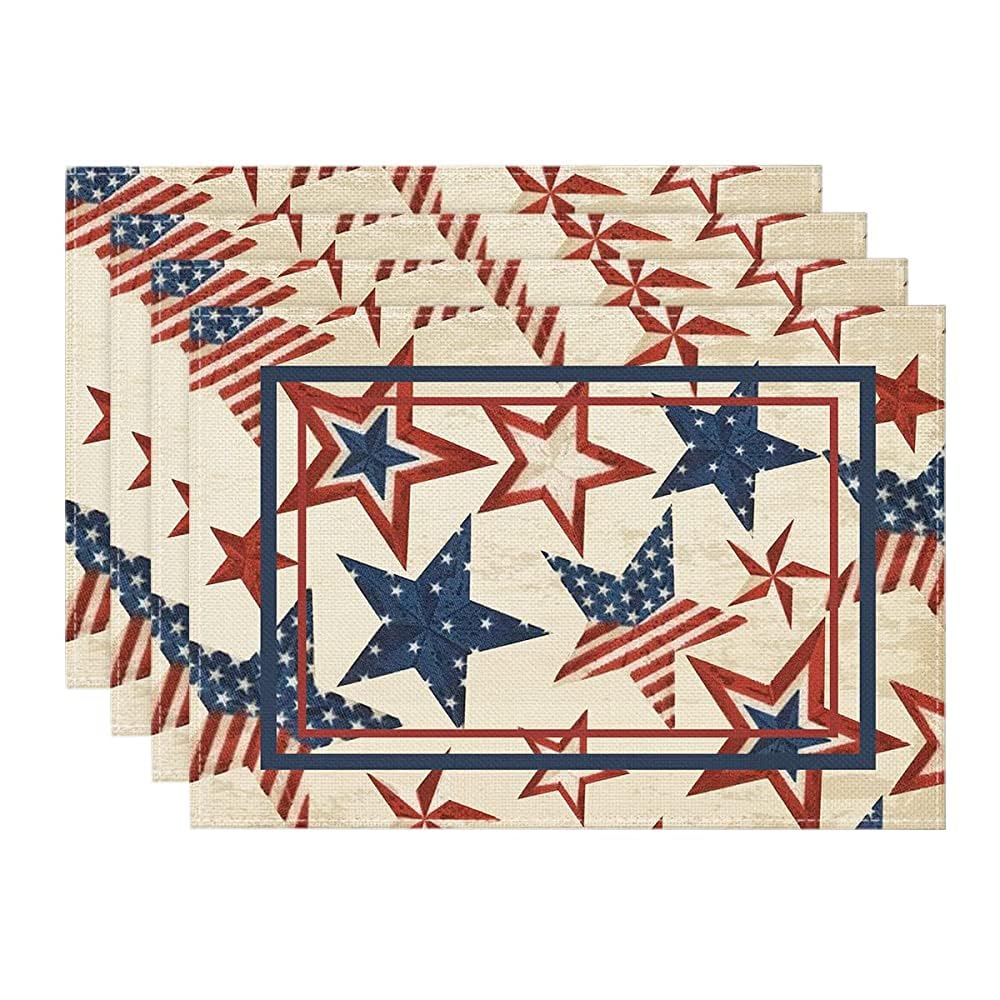 

Stars Stripes Patriotic 4th of July Placemats Set of 4, 12x18 Inch Memorial Day Table Mats for Party Kitchen Dining Decoration Beige 12 x 18 , Rectangle 4 Pcs