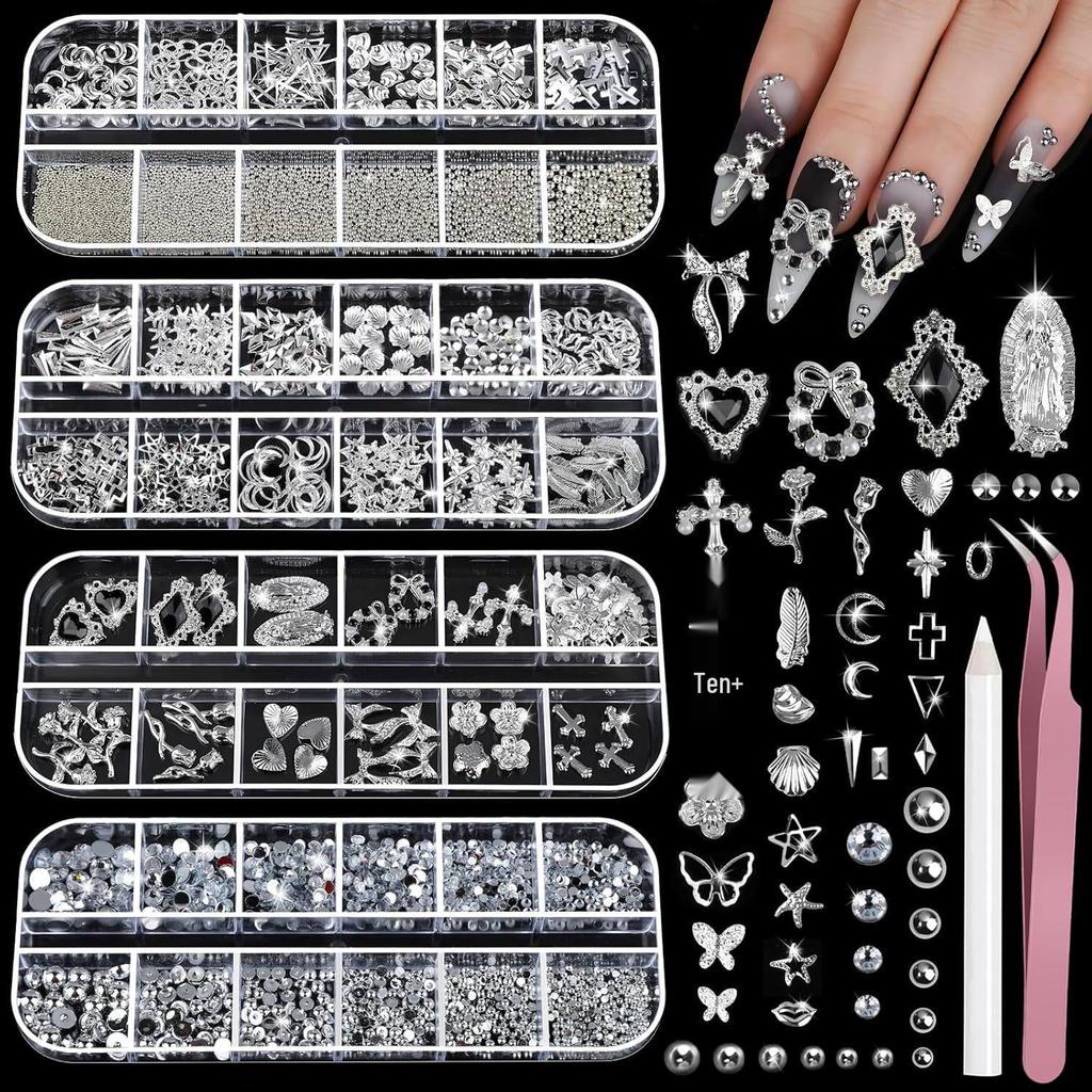 12-Grid Cross Explosion Nail Art Rivets: Butterfly, Streamers, Flowers, Gold & Silver Decorations